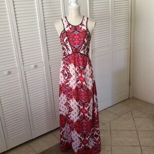 GIANNI BINI floral prom maxi dress size XS BEAUTIFUL! navy trim, red, pink, blue